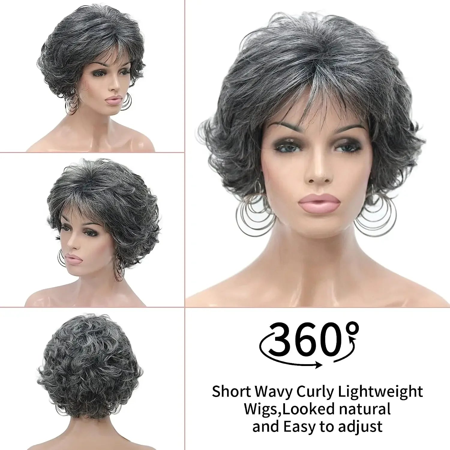 Slivery Grey Short Curly Wavy Wig 100% Imported Premium Synthetic Fashion Brown Hair Wigs for Women