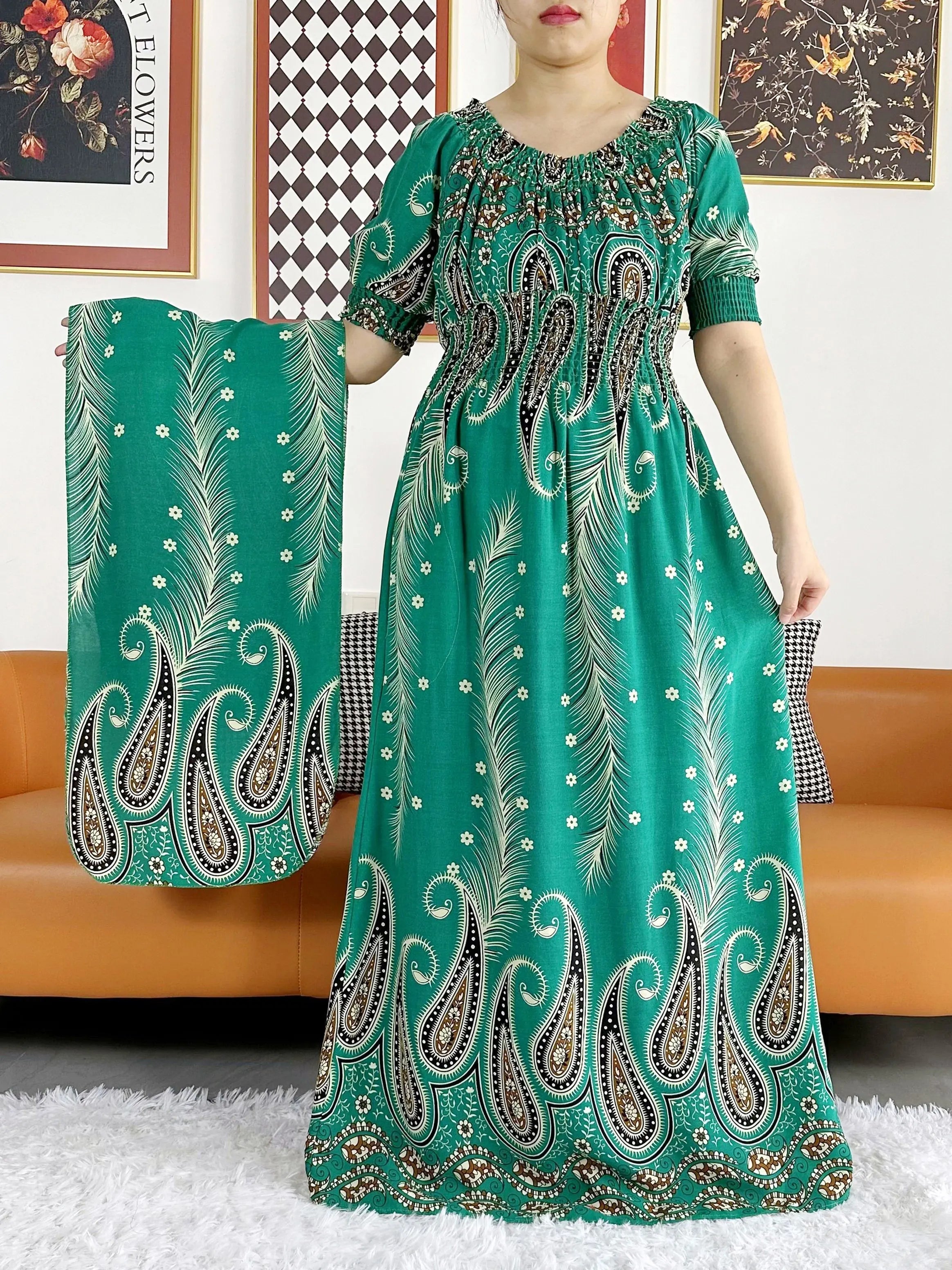 New Summer Women Abaya Short Sleeve Dashiki Floral Collect Waist Loose Maxi Robe Floral Femme Musulmane African Printing Abaya