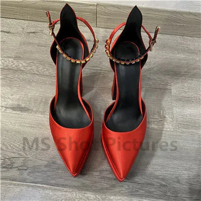 Luxury Women High Heel Shoes Platform Sandals Pointed Toe Woman Silk Pumps Sexy Rhinestone Buckle Chunky Heel Wedding Shoes 2024