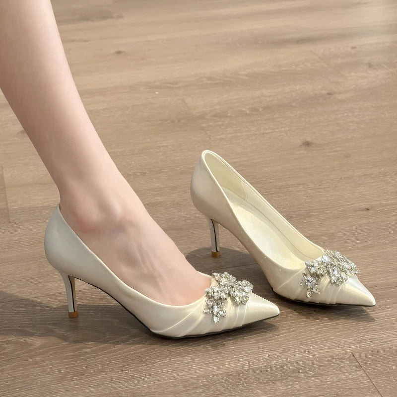 High Heels Pointed Toe Shoes Woman Lace-Up Navy Blue Pumps Sexy Sandals Slip on Shallow Mouth All-Match Footwear Spikes