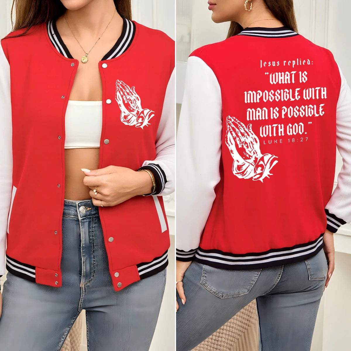 Jesus Pray By Hand Print Baseball Uniform Womens Colorful Loose American Jackets Cotton Soft Sportswear Autumn Street Clothes