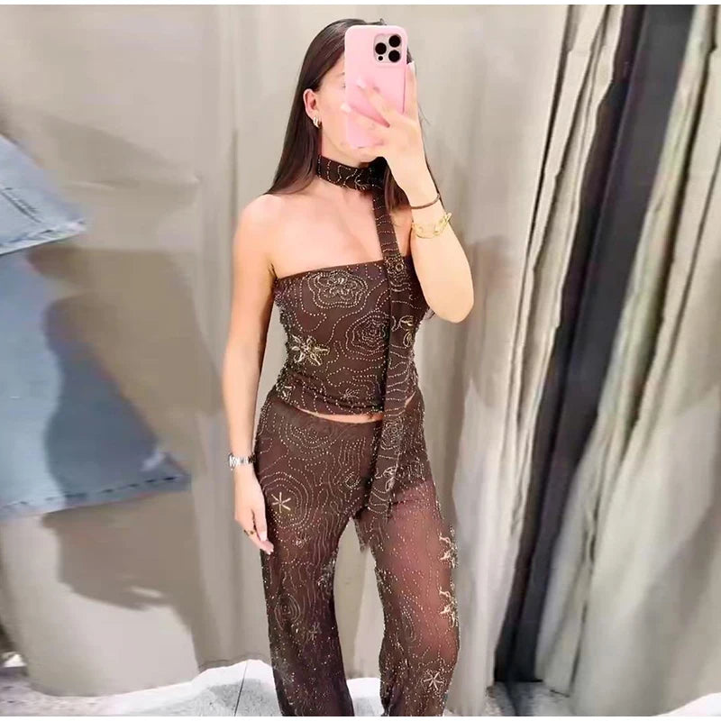 Chic Beaded Women's Top Pant Set Sexy Slim Halter Sleeveless Crop Tops See Through Elastic Waist Wide Leg Pants Summer Outfits