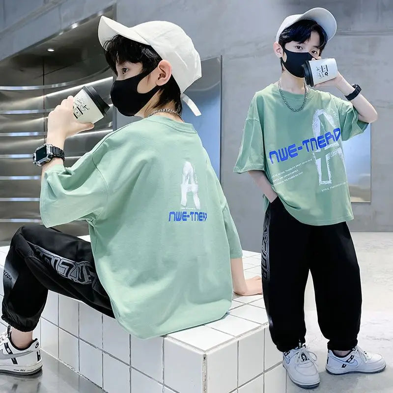 2025 summer Teenager Boys Clothes Casual Kids Tracksuit Child t shirt + Ankle-tied long pant 4 5 6 7 8 9 10 12 11 13 14 Year