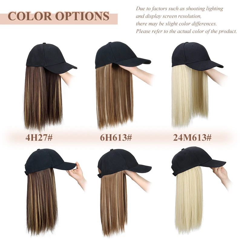 Gorro Sintético con Peluca de Pelo Largo, Liso y Negro, Extensión de Pelo con Gorra de Béisbol, Diseño Todo en Uno Elegante y Conveniente para Mujeres