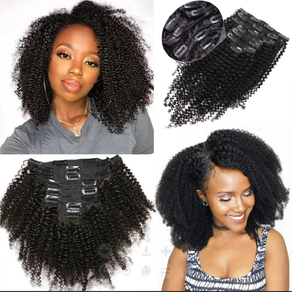 Extensions de cheveux à clip Afro Kinky Curly en vrais cheveux humains pour femmes Cheveux humains brésiliens Kinky Curly à clip 8 pièces 120 g