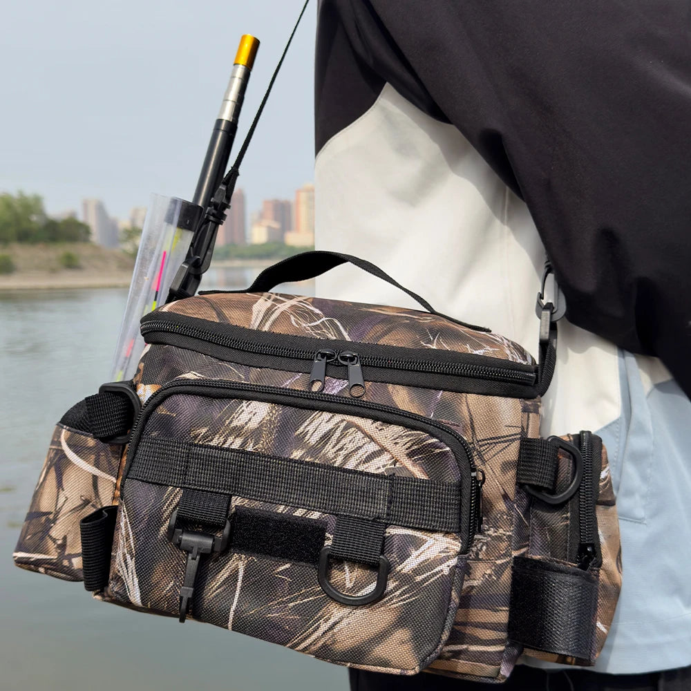 Mochila de pesca, caja de señuelos, bolsa de almacenamiento de aparejos, riñonera para hombres, mochila de pesca con mosca con soporte para caña, bolsa de hombro.
