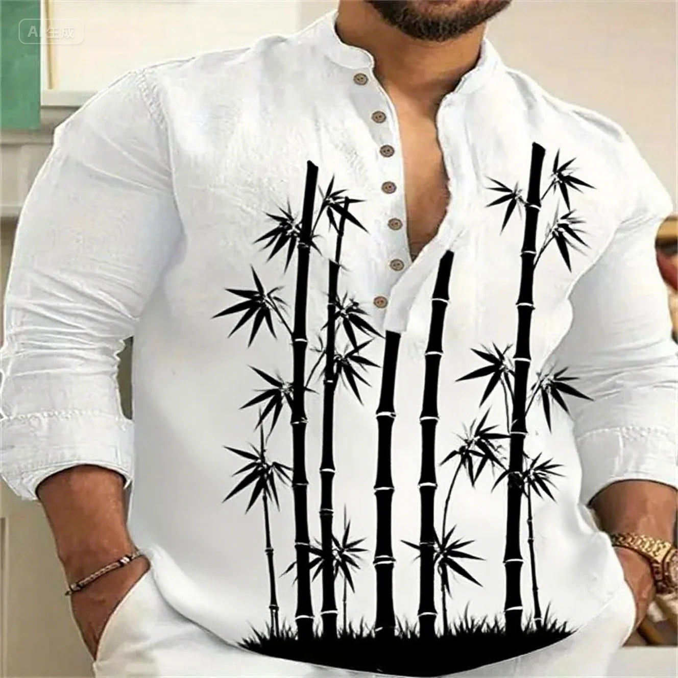Newest linen long-sleeved simple atmospheric vegetation pattern high-quality casual shirt XS-6XL fast delivery