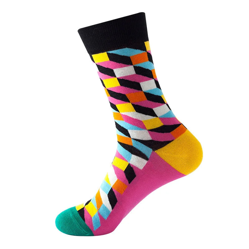 49 Patterns Fashion Business Men 100% Cotton Happy Lattice Socks Unisex Boys Combed Hip Hop Street Skateboard Funny High Sox Set