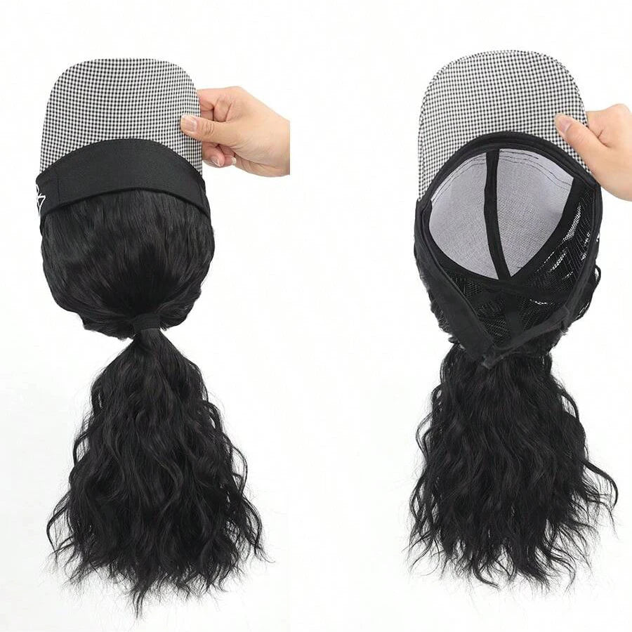 Pelucas con gorro de 16 pulgadas, pelucas de cola de caballo rizadas sintéticas con gorra de béisbol de pata de gallo para mujer, para uso diario y en fiestas.