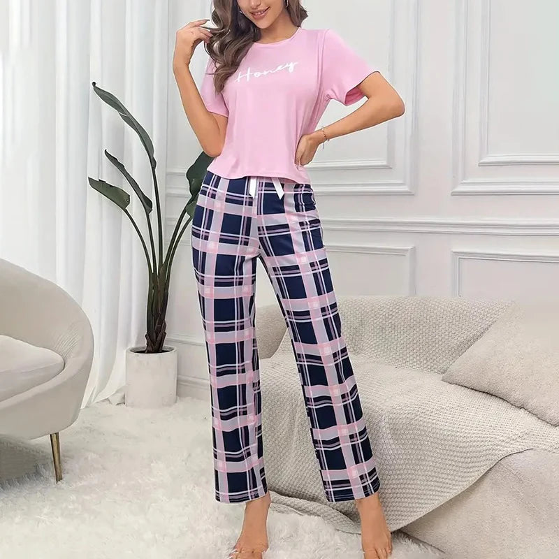 Women's Pajamas Set Soft Comfortable Letter Print T-Shirt & Plaid Long Pants Sleepwear 2 Pieces Home Clothes Loungewear Pyjama