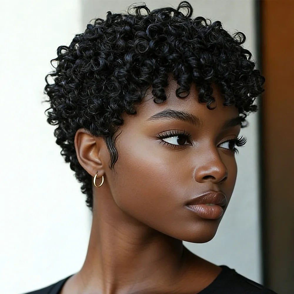 Short Black Kinky Curly Pixie Cut Human Hair Wig With Bangs Brazilian Remy Human Hair Wigs 180% Density Full Machine Made Wig