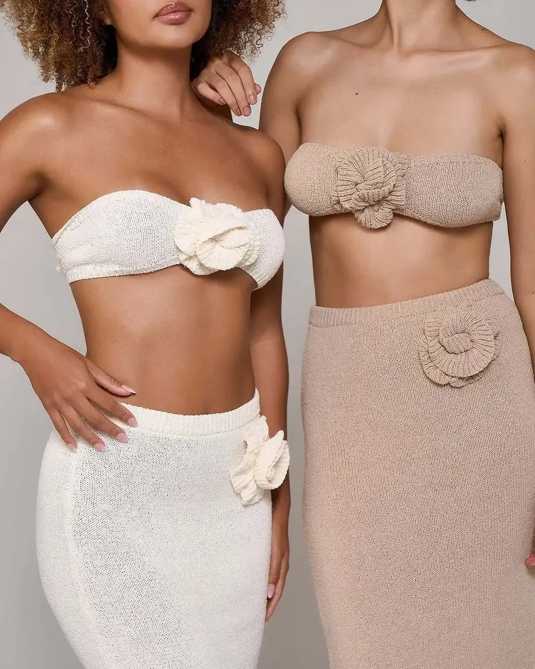 Female Knit 2 Piece-Set Long Skirt Floral Patchwork Tube Tops And High Waist Slim Beach Skirt Sets Knitwear Women Outfits