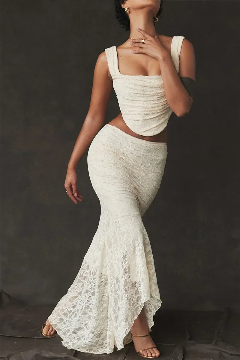 Lace Bandage 2 Piece-Set Long Skirt Female Patchwork Fashion Backless High Waist Elegant Lace-Up Maxi Skirt Sets Outfits