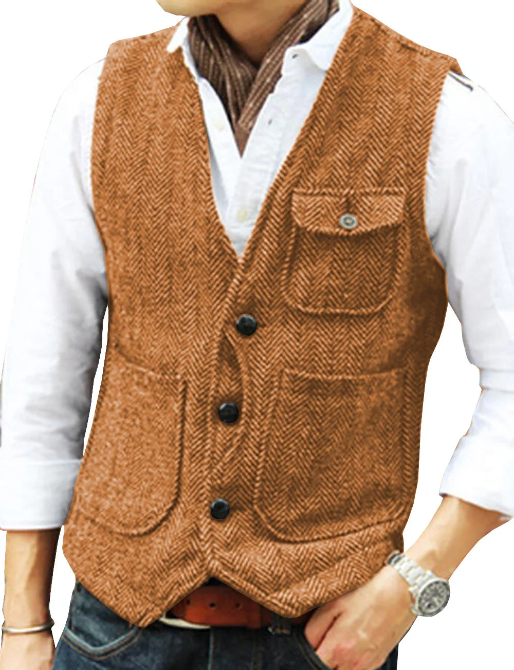 Vest Men's Casual Tooling Formal Herringbone Tweed Brown V Neck Wool Waistcoat Business Vest Groomsman For Wedding Prom