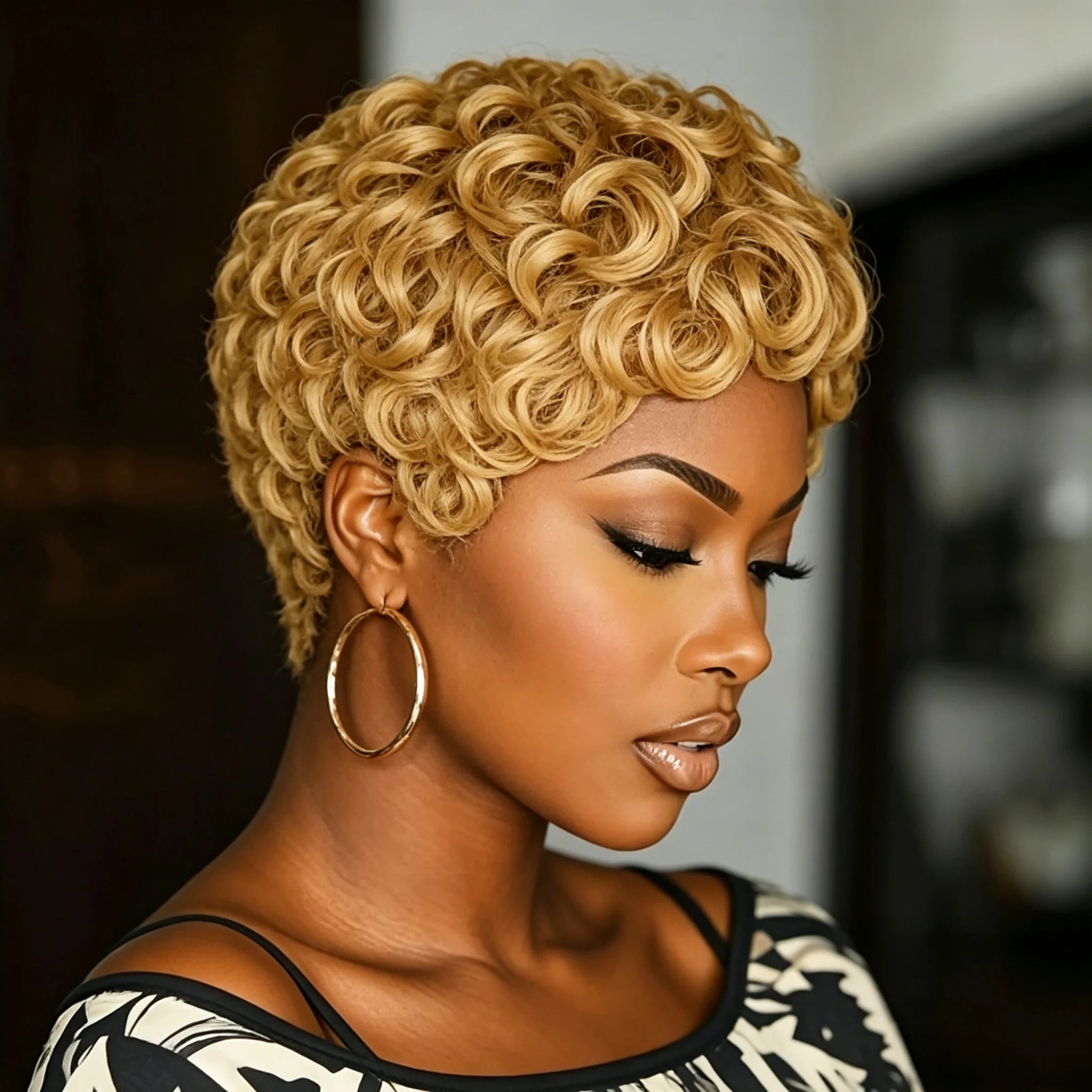 Blonde Bouncy Wave Curly Pixie Cut Human Hair Wig Vintage Dating Daily Hair Wig Machine Made Wig