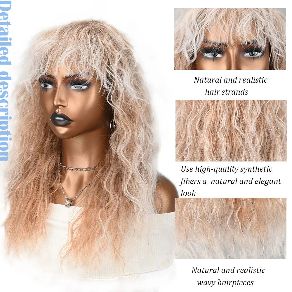 Long Curly Wig with Bangs for Women Ombre Ash Blonde Synthetic Hair Wigs Fluffy Water Wave Wig with Fringe Heat Resistant Synthe