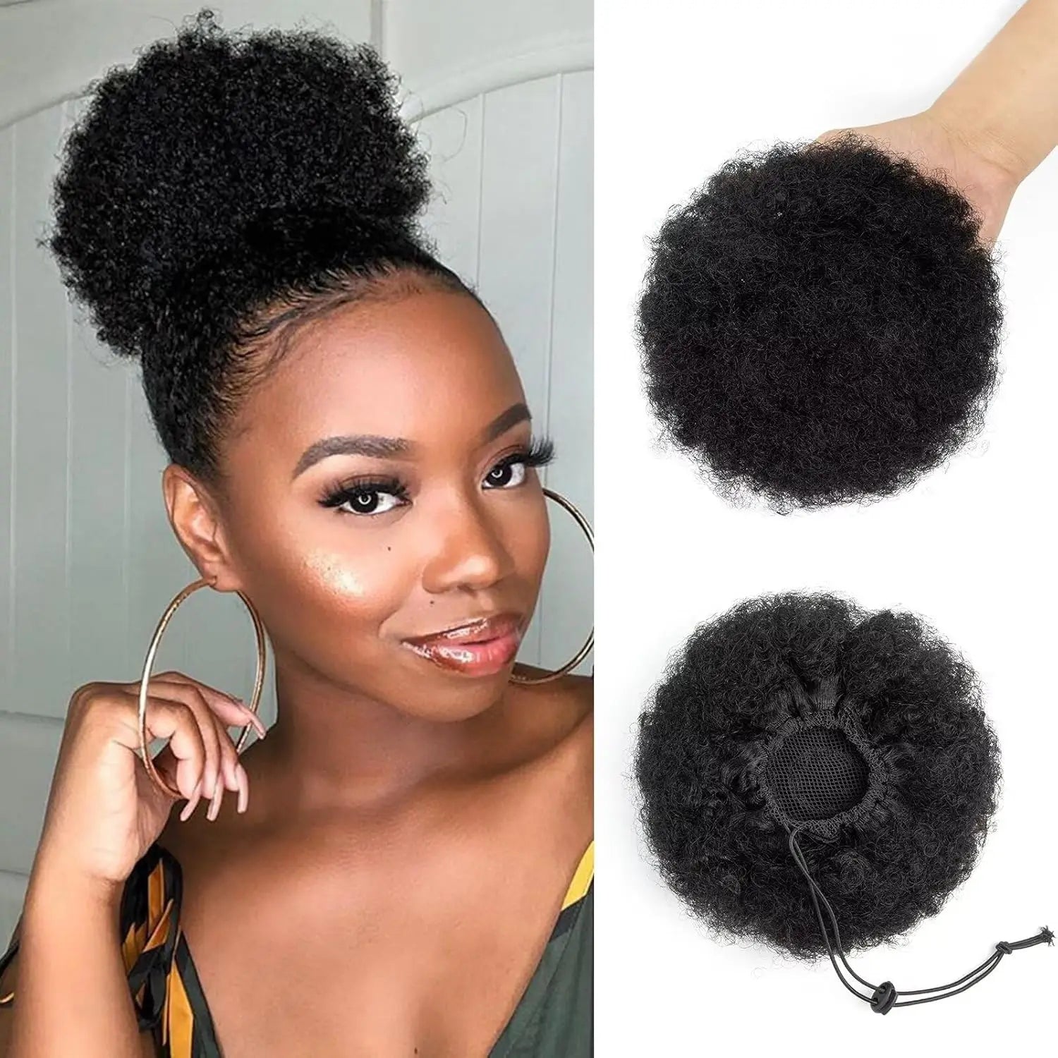 Afro Puff Kinky Curly Human Hair Ponytail Curly Drawstring High Bun HairPiece Clip in on Updo Chignon for Black Women 4 6 8 inch
