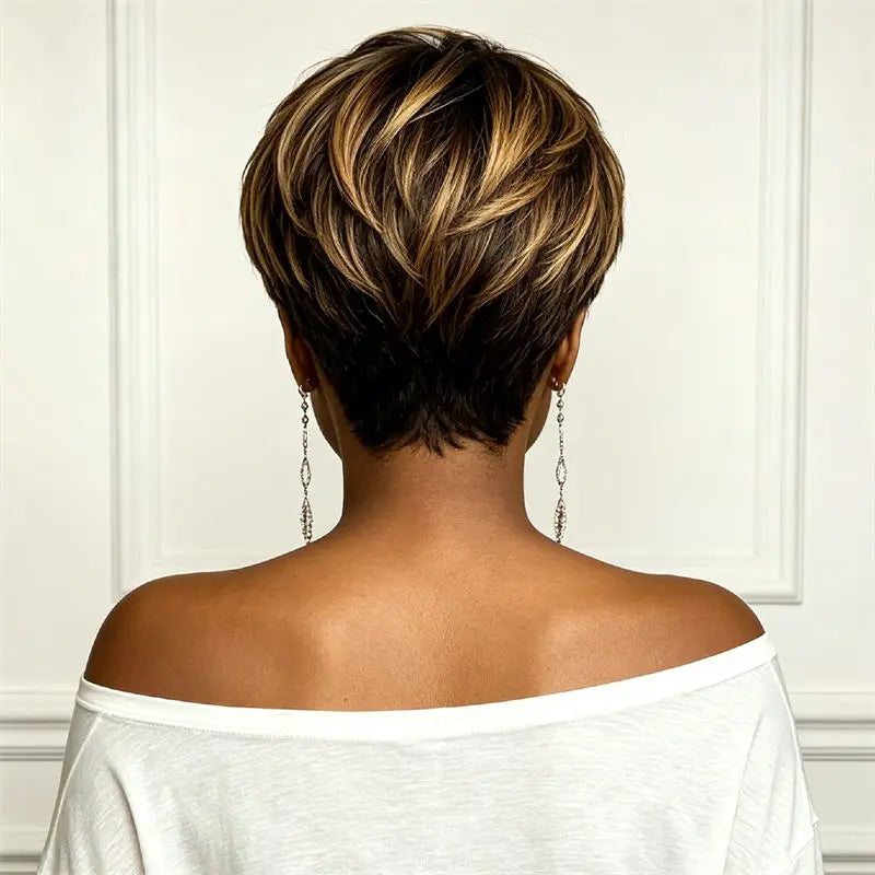 Pixie Human Hair Wig Full Machine Brown Blonde Highlight Layer Short Cut Wig For African American Ladies Daily Dating Styling