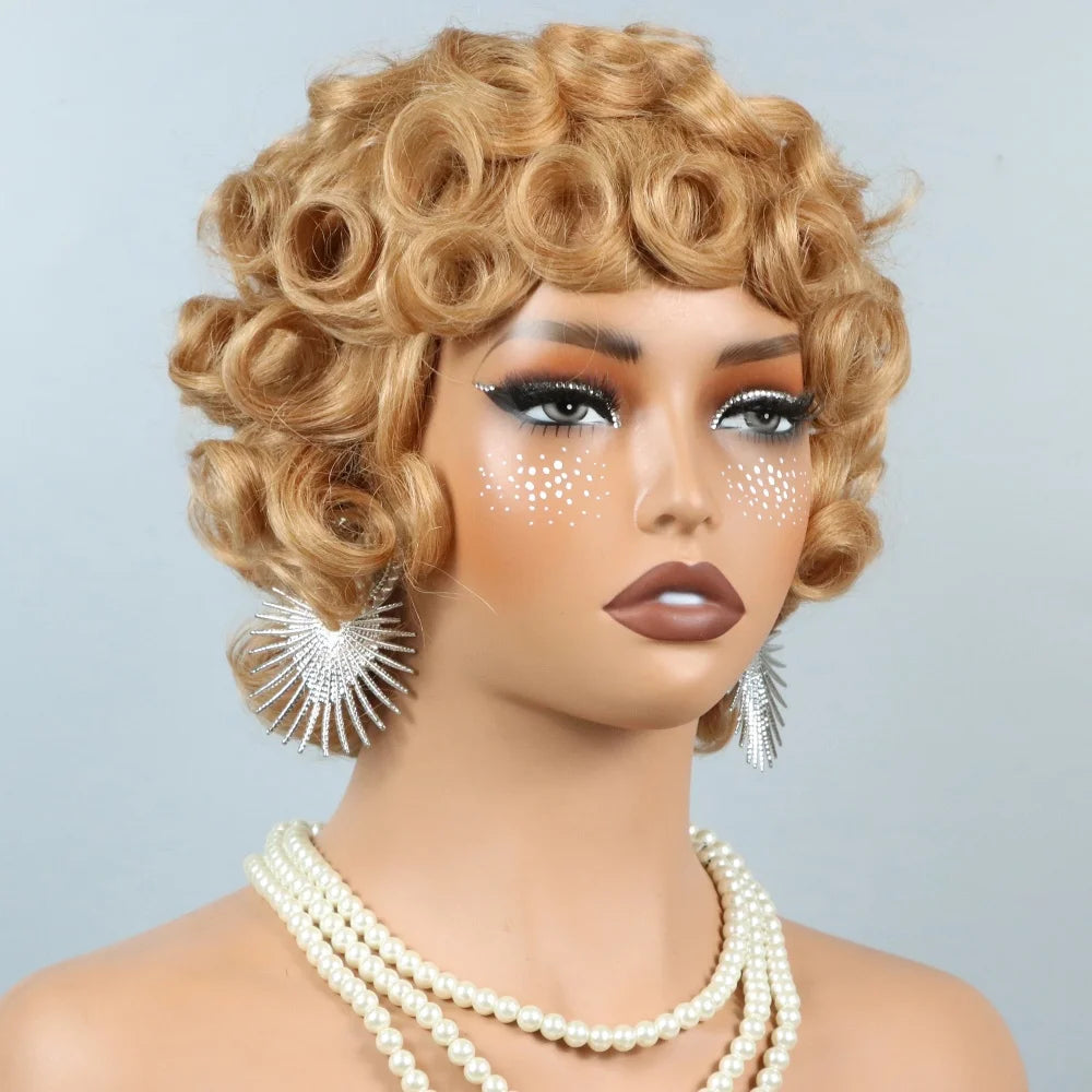Short Layered Pixie Cut Curly Wigs With Bangs Human Hair Wigs For Black Women Short Curly Pixie Cut Wig Human Hair Machine Made
