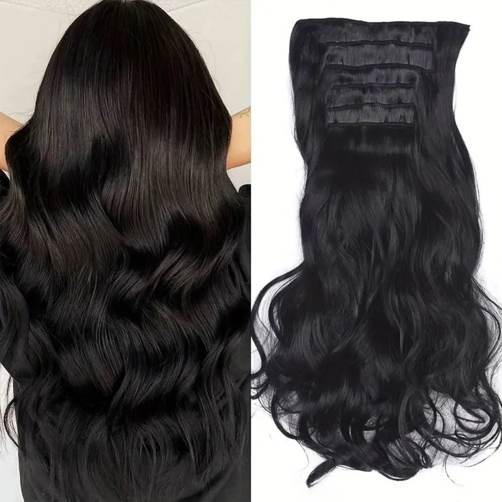 24" Long Wavy Clip-In Hair Extensions – Thick, Double Weft & Natural Look (6PCS)