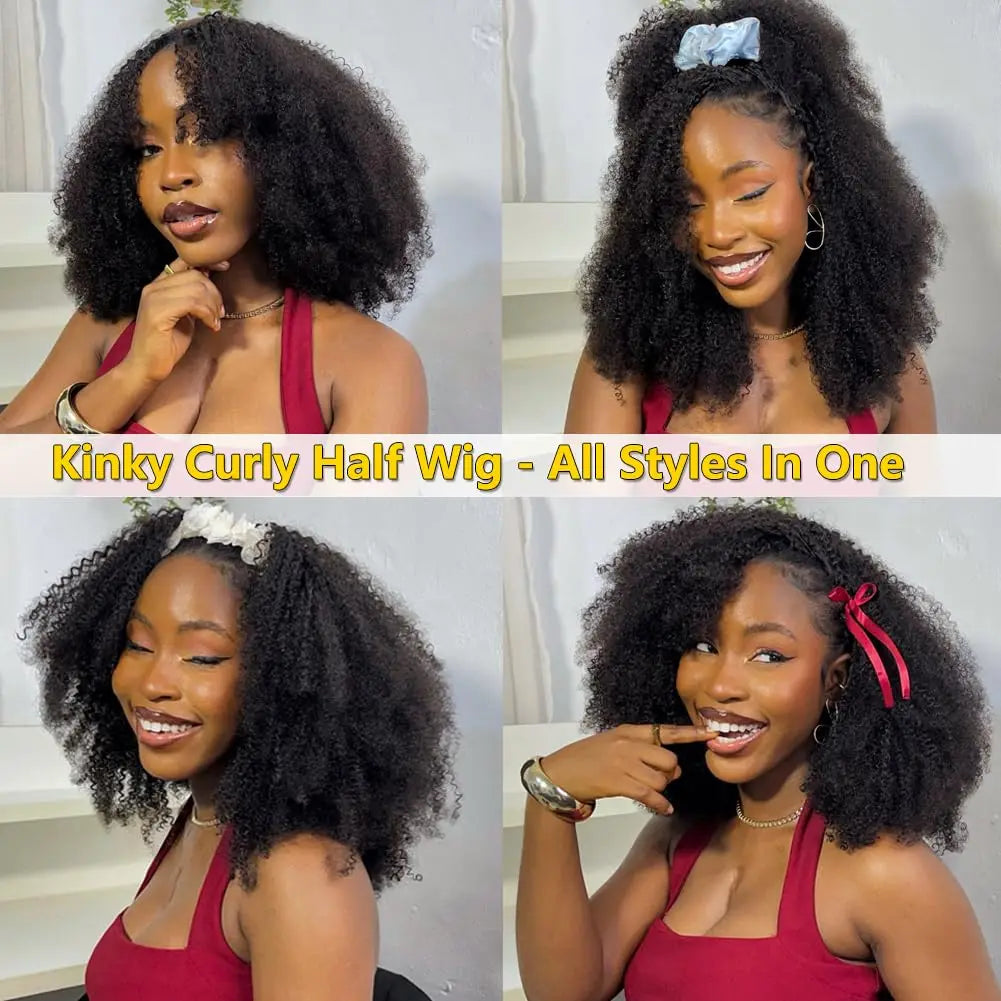 Media Peluca Rizos Pelo Humano Sin Pegamento Peluca Lista para Usar 4C Afro Rizado Kinky Peluca con Diadema 3 EN 1 Media Peluca Flip Over con Clips