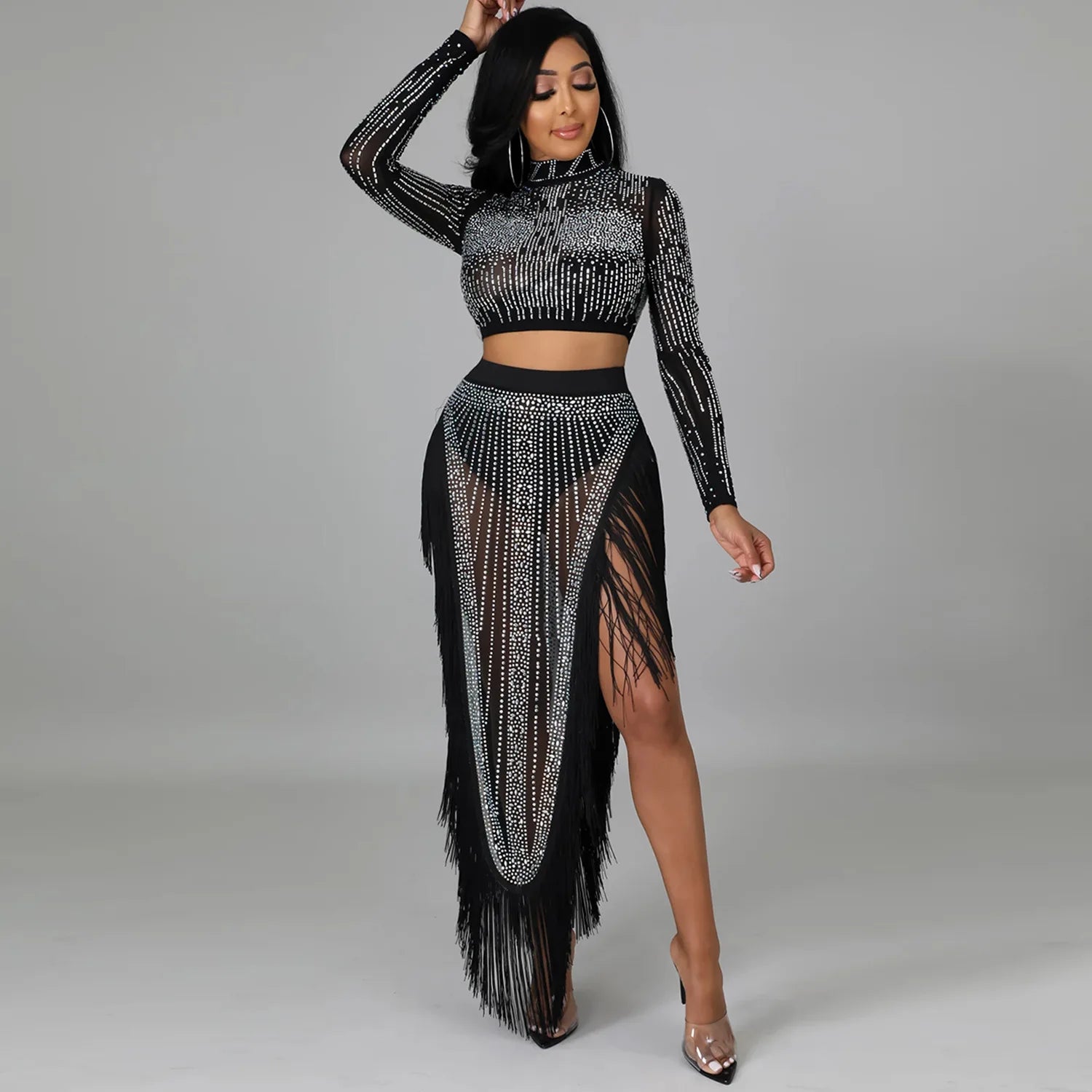 Skirt Set Women Two Piece Sets Dress Sets Mock Neck Matching Set Diamond Short Tops Party High Waist Long Skirts Sexy Hot Tassel