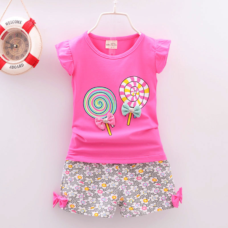Conjuntos de ropa para bebé niña, camisetas, tops, pantalones cortos, conjuntos de ropa para niños pequeños, estampado de piruletas, ropa de verano para bebés