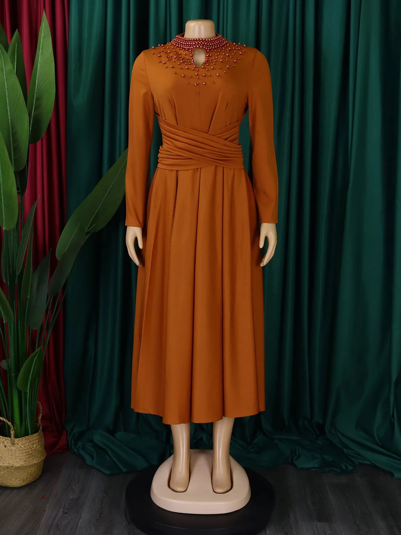 Vestido Elegante Africano para Mujer, Vestidos de Noche con Cuello Alto y Cuentas a la Moda, Vestido Delgado de Temperamento para Mujer, Vestidos Casuales de Manga Larga