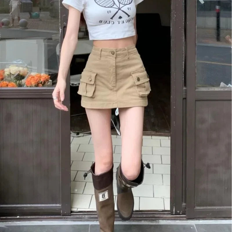 Women's Skirt Autumn New Denim Khaki Work Skirt Skinny American Half-body High Waist A-line Skirt Pocket A Line Sexy Dress