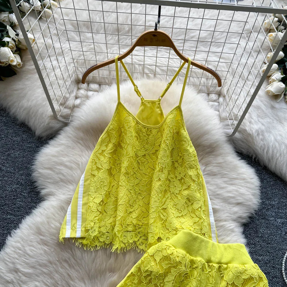 Women Two Pieces Sets Spliced lace Off Shoulder Slip Top and Fashion Hotsweet High Waist Elastic Waist  Wide Leg Pant Sets