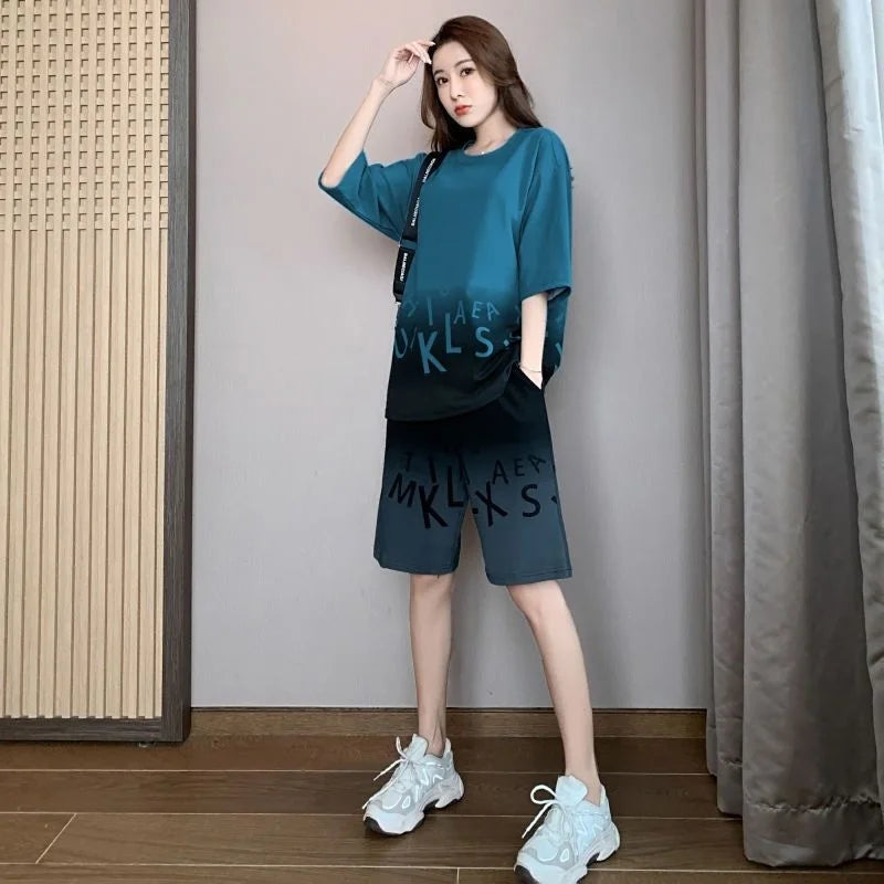 Women's Casual Sports Short Suit Summer New Fashion Fried Street Long T-shirt Crop Tops 2 Two Piece Set For Women Tracksuit