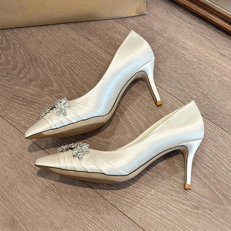 High Heels Pointed Toe Shoes Woman Lace-Up Navy Blue Pumps Sexy Sandals Slip on Shallow Mouth All-Match Footwear Spikes