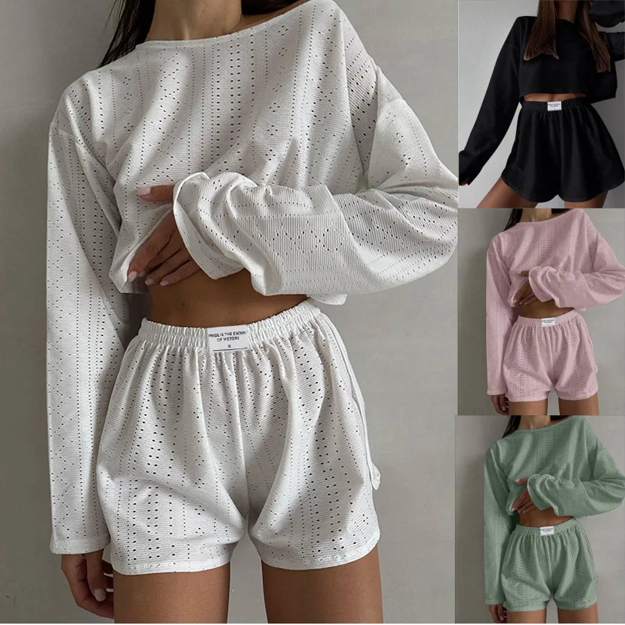 Women's Pajamas Set Sleepwear Loungewear Autumn Soft Comfortable Long Sleeve Tops With Shorts Pyjama Femme Home Clothes 2 Piece