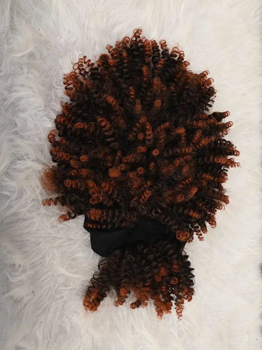 Headband Wig Curly Headband Wig With Bangs For Women Synthetic Afro Curly Hair Wig With Headband Attached Short Kinky Curly Afro High Puff With Bangs Stripes Short Red Curly Wigs with Bangs for Women, Natural Wavy Synthetic W