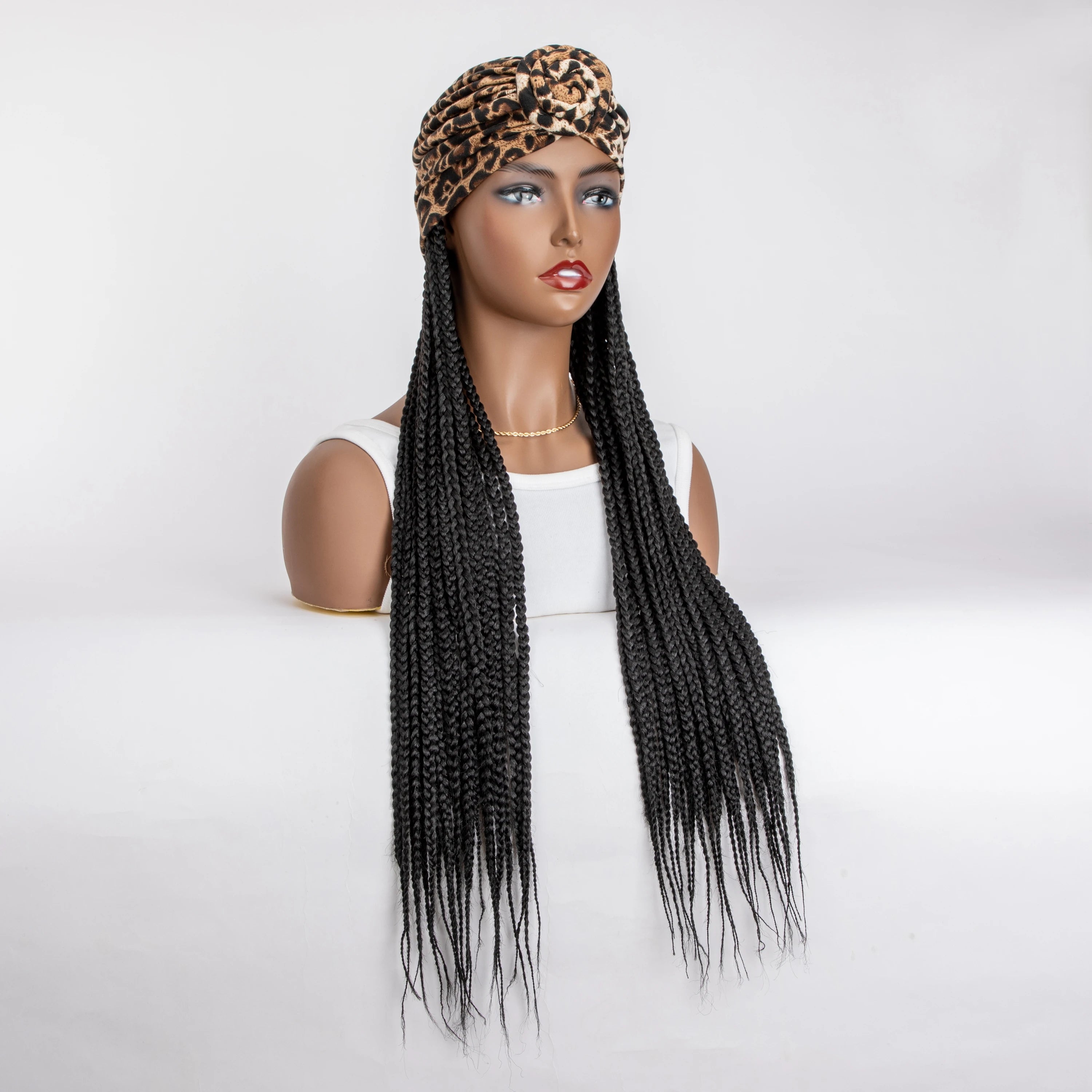 WIGERA Diadema con estampado de leopardo Peluca sintética trenzada larga con gorro turbante Trenzado de caja Extensiones de cabello Pañuelo para la cabeza Peinado fácil