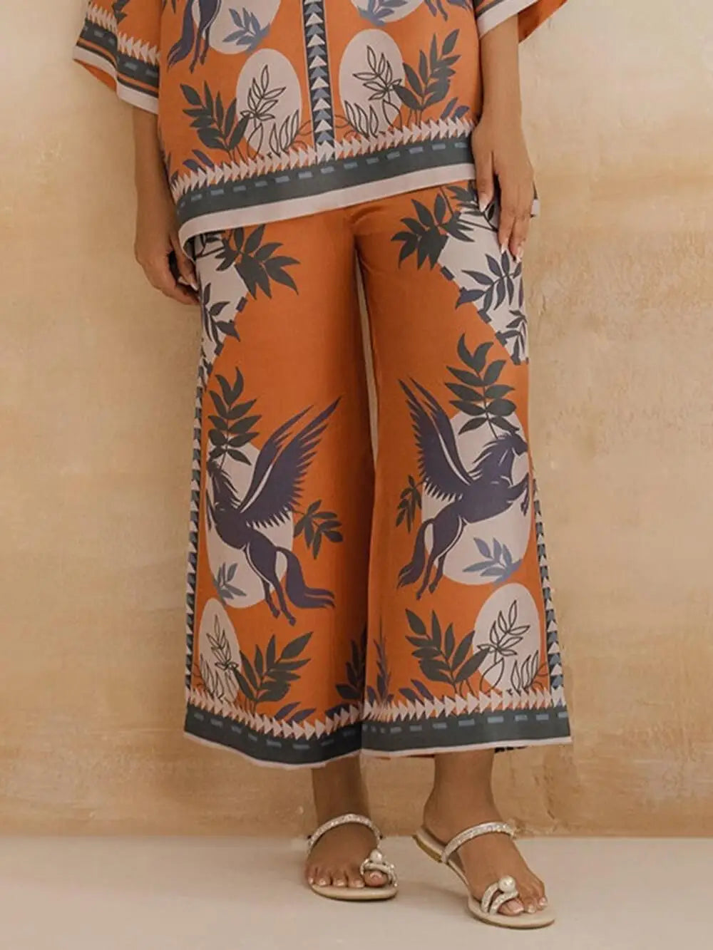 Conjunto de pantalones largos estampados para mujer, elegante camisa de manga larga con cuello en V, pantalón ancho holgado, traje de verano de 2 piezas para mujer, estilo urbano