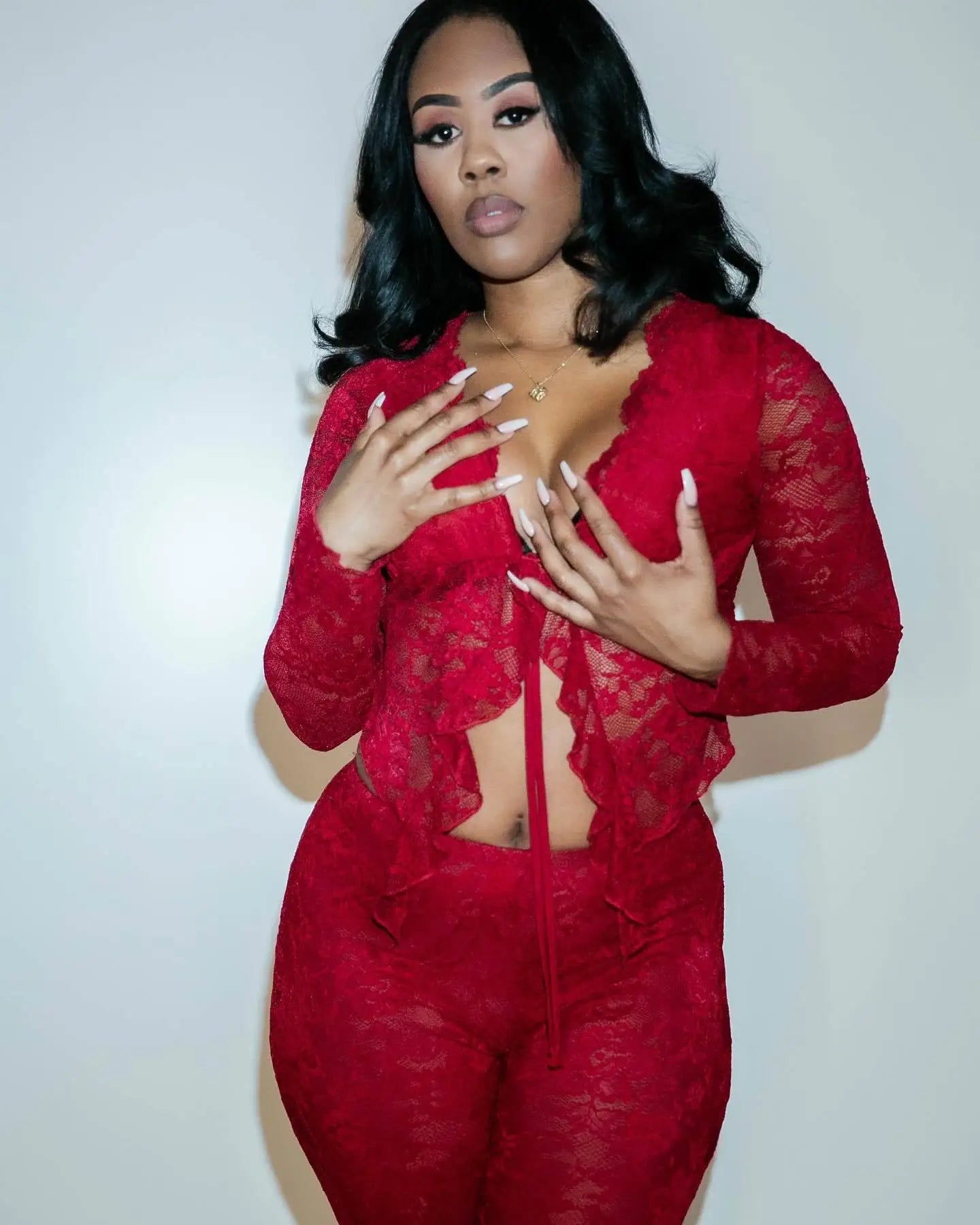 Pant Sets Women Two Pieces Cardigan Lace Sexy Tops Tracksuit Full Wide Leg Pants Loose Fit Casual Spliced High Waist Solid