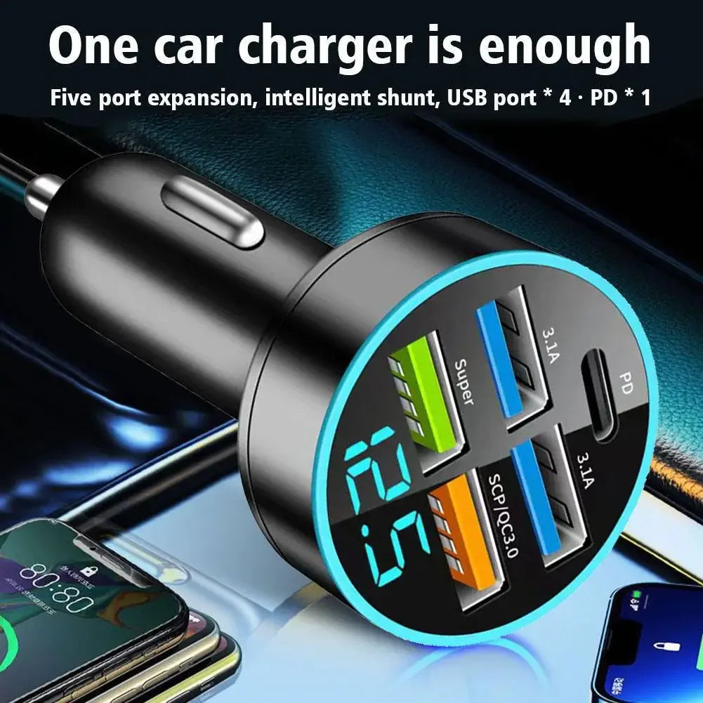 Cargador de coche PD de 250 W, carga rápida QC3.0, encendedor de cigarrillos de coche de uno a seis, cargador de coche de 5 puertos con carga rápida y pantalla digital