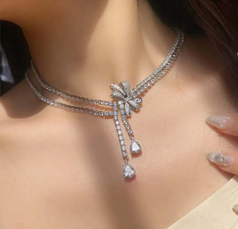 luxury jewelry set for women geometric earrings design bow necklace