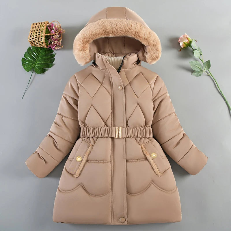 New Winter Keep Warm Girls Jacket Thick Solid Color Fur Collar Hooded Parkas Coat For 4-10 Years Kids Children Outdoor Outerwear