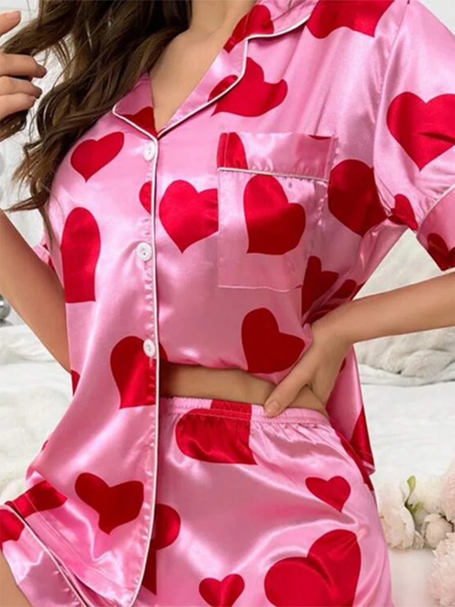 Conjunto de pijama de San Valentín para mujer, de manga corta, con estampado de corazón, top y pantalones cortos, ropa de casa, conjuntos a juego