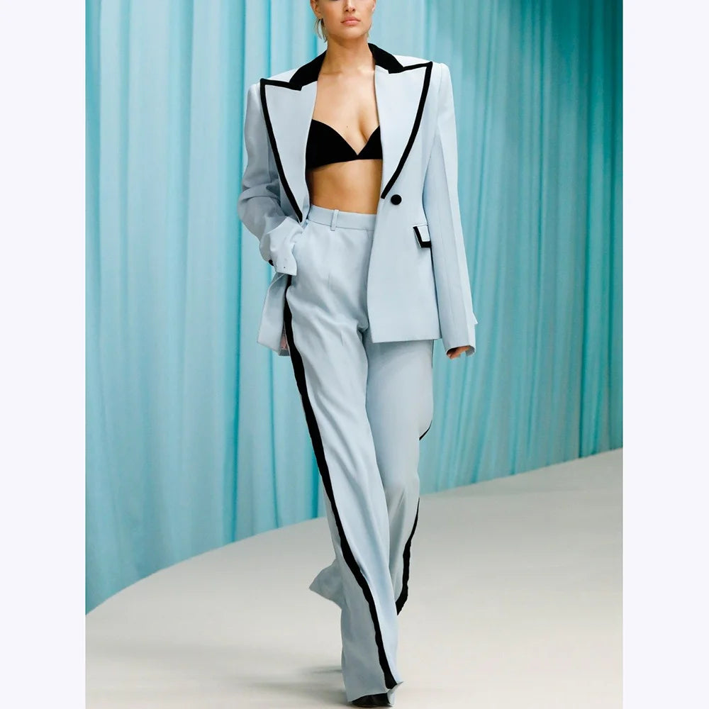 Elegant Women Suits Two Piece Black Border Peak Lapel Classic Outfits One Button Loose Fit High Quality Custom Made Jacket Pants