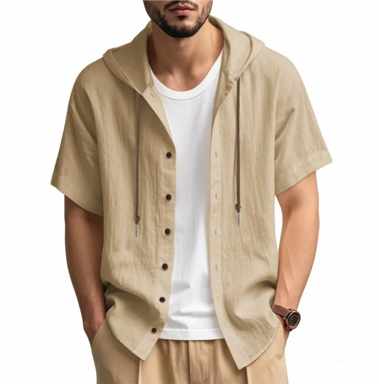 Men's Short Sleeve Shirt Cotton Linen Solid Color Shirts Men Hooded Casual Shirt Man Single Breasted Tops Men Breathable Shirt