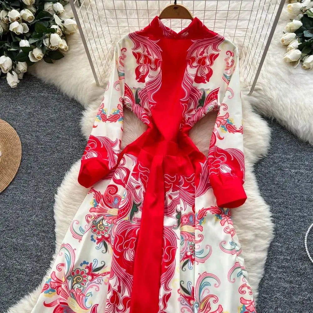 Fashion High-End Feeling Gown Dress Elegant European Court Style Long Printed Slimming New Women's Design Sensation Retro Summer