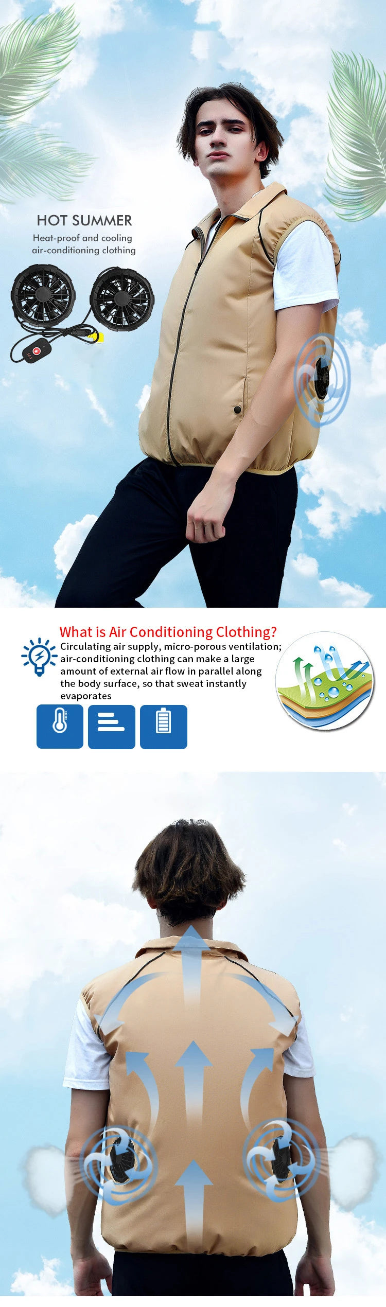 summer Men Cool Vest Wearable Cooling Fan Vest Air-conditioned Clothes Evaporative Cooling Construstion Vest for men
