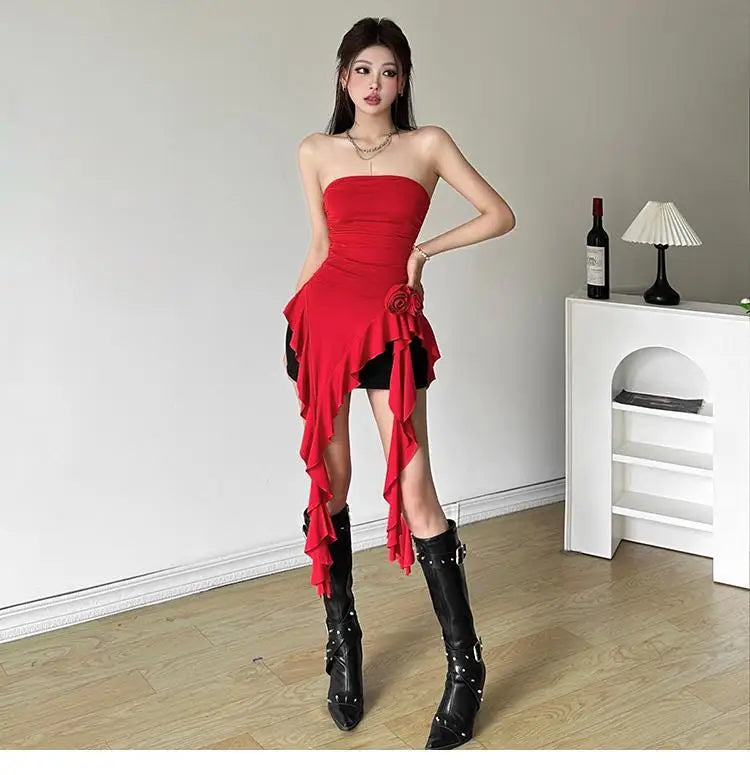 Women Bustier Tops Irregular 3D Roses Ruffle Slim Aesthetic Summer Chic Streetwear Tops Solid Red Womenswear Black White Sexy