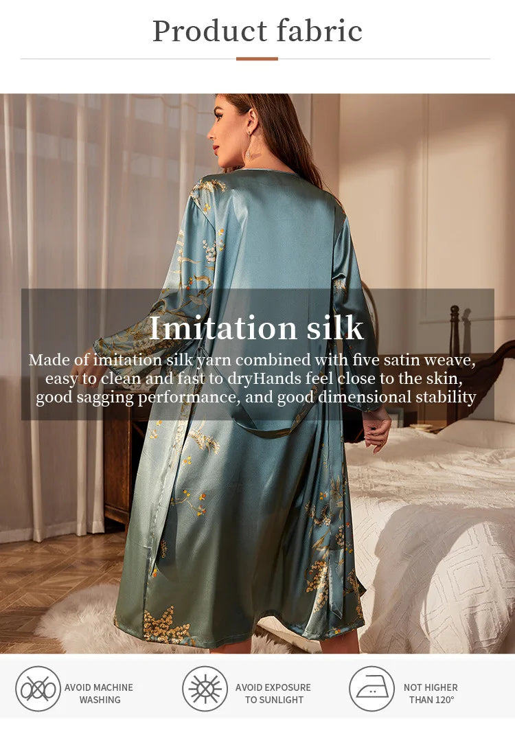 Fashion Home Printed Long Sleeved Nightgown for Women Luxury Thin Sexy Lace Up Morning Gown Cardigan Pajamas Ice Silk Bathrobe