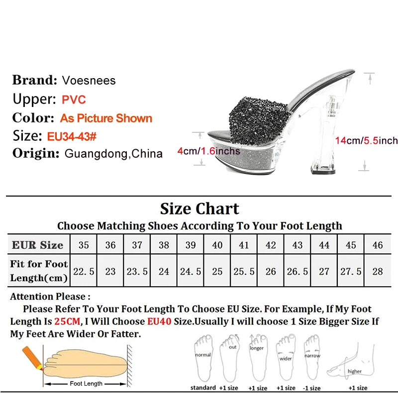 Women Slippers 14CM Luxury Party Shoes Designer Transparent Platform Summer High Heels New Glitter Sequined Stage Sandals
