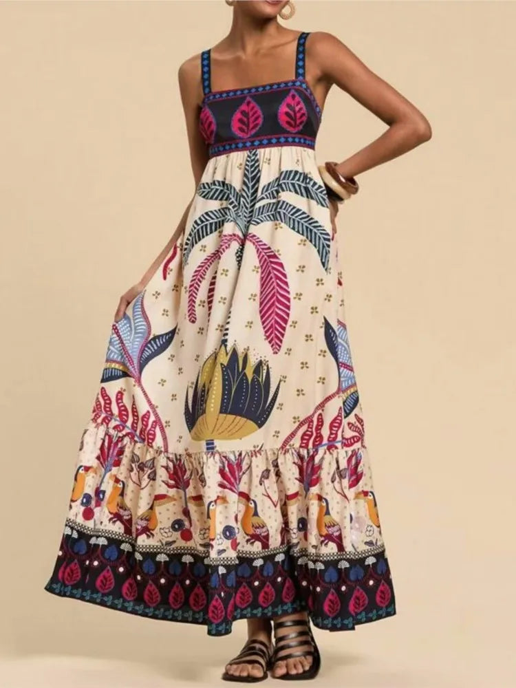 Women's New Arrival Leisure Fashion Print Dresses Summer Elegant Holiday Spaghetti Strap Dress Vacation Party Female Clothing