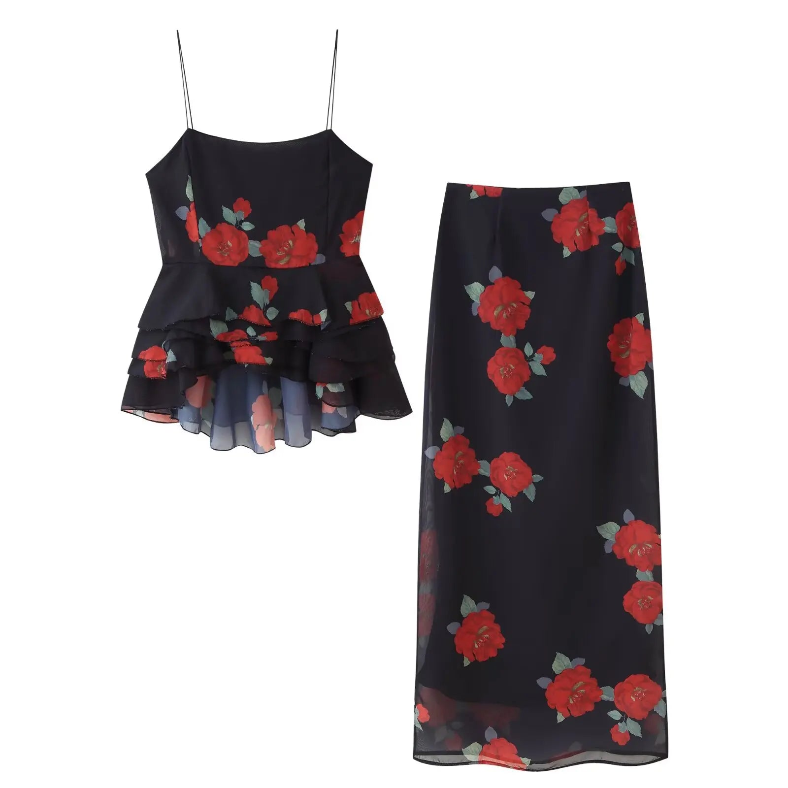 Women's Summer Skirt Sexy Two Piece Set Fashion Flower Print Holiday Party Suspender Top High Waist Slim Midi Skirt
